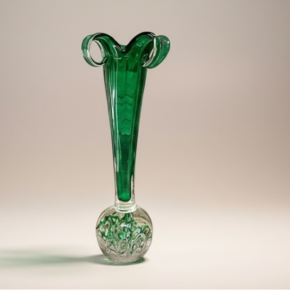 VTG Japanese Art Glass Tulip Vase | MCM Millefiori Paperweight Base 11.75"